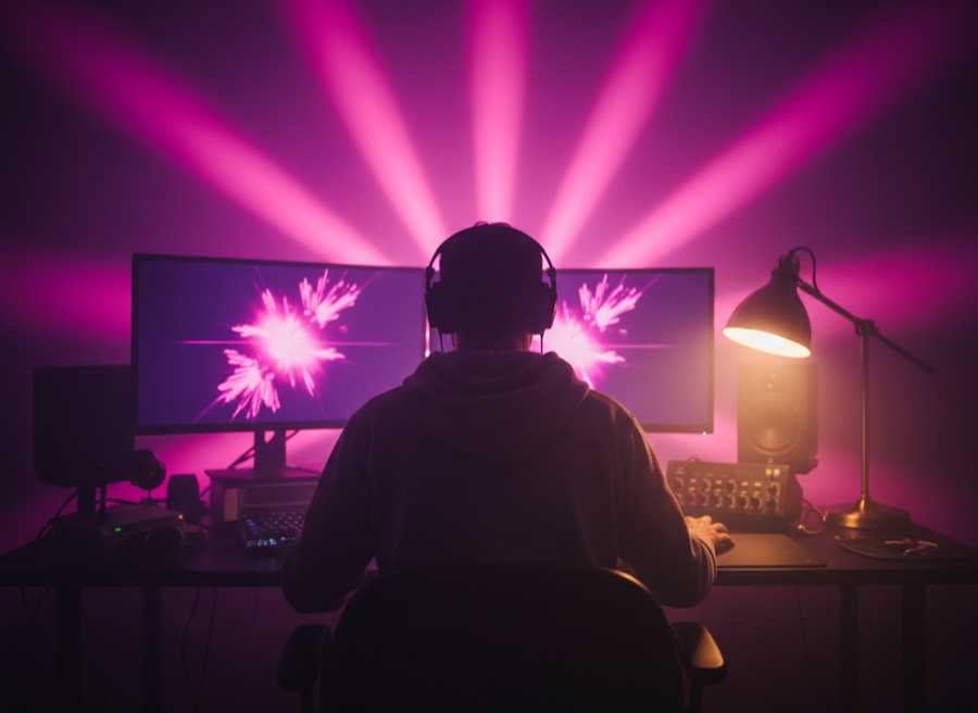 A creator editing at a desk lit by magenta studio lights