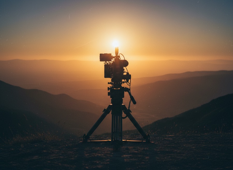 A cinema camera on a tripod overlooking a valley at sunset